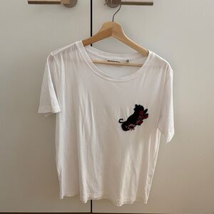 White Short Sleeve Tee with Black Cat Design